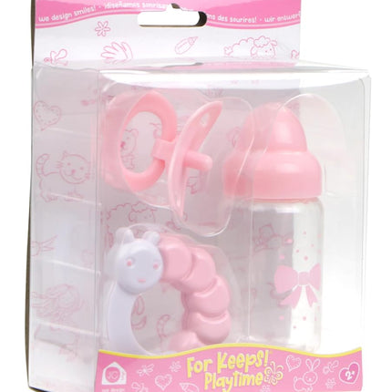 JC TOYS - Set of 3 doll accessories (bottle, pacifier and rattle), pink and white, fits all dolls up to 50 cm, +2 years old