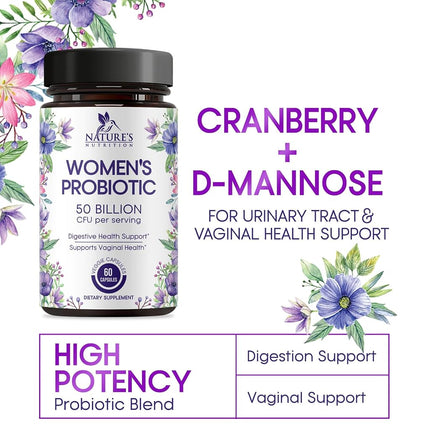 Nature's Nutrition Women’s Probiotics 50 Billion CFU Guaranteed, Vegan Probiotic Strains, Supports Womens Digestive, Immune, Vaginal, & Urinary Health, Delayed Release, No Soy Gluten 60 Capsules