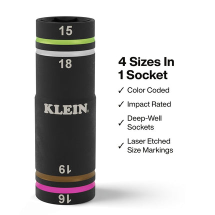 Klein Tools 6513MQS KNECT Impact-Rated Quad Socket Set, 4-In-1 Flip Socket Driver, Color-Coded, Heavy Duty Multi Tool, 3/8-Inch Drive, Metric 15mm, 16mm, 18mm, 19mm, KNECT Multi-Purpose Adapter