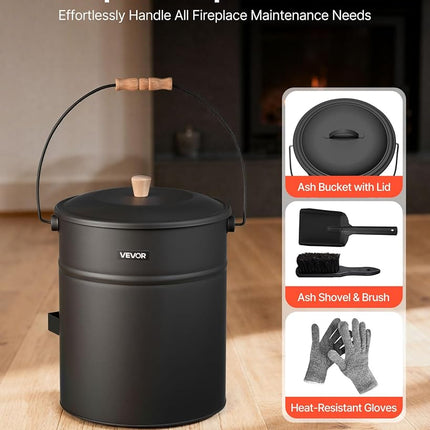 VEVOR Ash Bucket, 4 PCS with Lid, Shovel, Broom and Gloves, Metal Fireplace Charcoal Bucket and Ash Can, 15L Large Capacity for Fireplace, Fire Pits, Wood Burning Stoves, Indoor and Outdoor