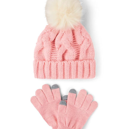 The Children's Place girls Winter Hat and Mittens Cold Weather Set, Fuzzy Pink Cable Set, 8-12 Years