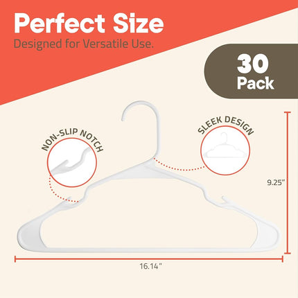 Premium Clothes Hangers – Space-Saving Slim Design, Lightweight and Durable Plastic with Smart Shoulder Grooves, Versatile Usage for Organizing Laundry, Coats, and Clothes, White, Pack of 30