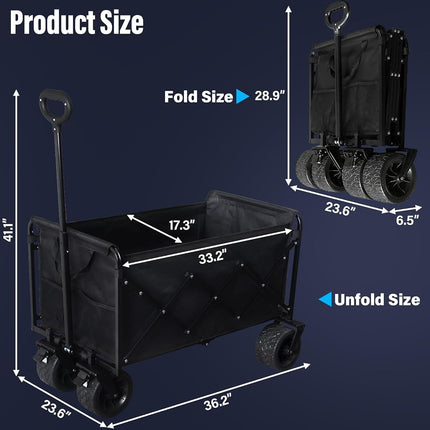 Chariot pliant, capacité de 295 kg, chariot utilitaire pliable de 300 L avec roues tout-terrain et freins, chariot de plage pliable robuste pour l'épicerie, le camping, le sport, les courses – Noir