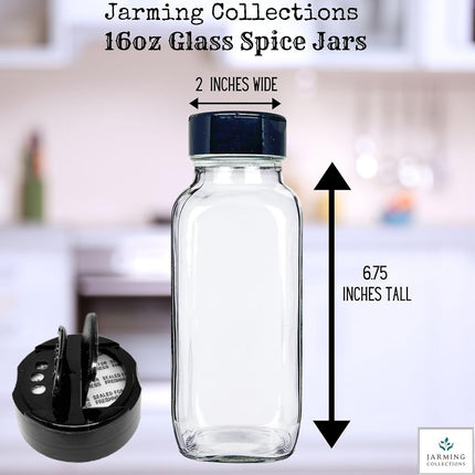 JARMING COLLECTIONS 16 oz Glass French Square Spice Jars with Shaker Lids - Elegant Design for Food Storage and Kitchen Organization Enhance Your – Made in USA Black