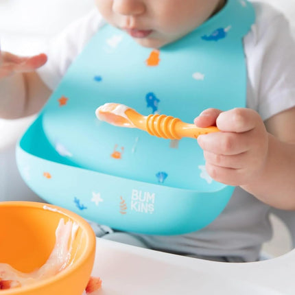 Bumkins Bibs, Silicone Pocket for Babies, Baby Bib for Girl or Boy, for 6-24 Months Up to Toddler, Essential Must Have for Eating, Feeding, Baby Led Weaning Supplies, Mess Saving, Ocean Life Blue