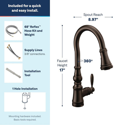 Moen S73004ORB Weymouth Shepherd's Hook Pulldown Kitchen Faucet Featuring Metal Wand with Power Boost, Oil Rubbed Bronze