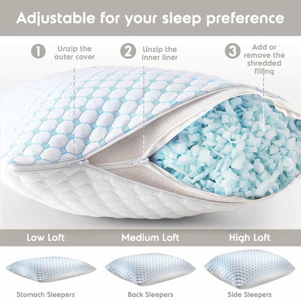 Nestl Cooling Pillow, Shredded Memory Foam Pillows Queen Size Set of 2, Gel Infused Cool Pillow, Adjustable Cooling Pillows for Sleeping, Breathable Queen Pillows, Washable Removable Bed Pillow Cover