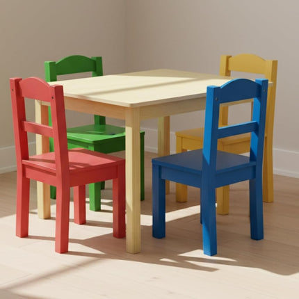 Humble Crew Kids Wooden Table and 4 Chairs Set for Children and Toddlers - Square Activity Table & Chair Set for Arts, Crafts and Snack Time - Natrual Wood/Red/Green/Blue/Yellow