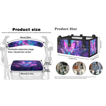 LedBack Wheelchair Bag for Seniors Rollator Walker Rollator Covers Purple Butterfly Flower Walker Seat and Backrest Covers, Easy to Install