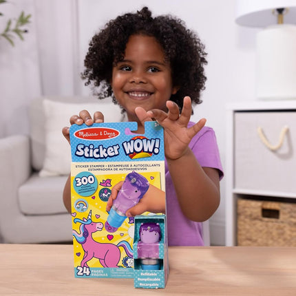 Melissa & Doug WOW 24-Page Activity Pad and Sticker Stamper | Travel Toys for Kids | Glitter Unicorn - Purple - FSC Certified