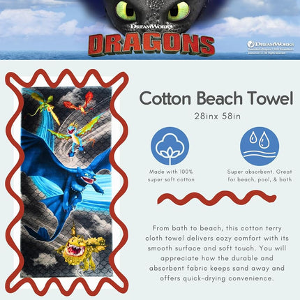 Franco Comment entraîner votre dragon Krokmou serviette de bain/piscine/plage super douce en coton pour enfants, 58 po x 28 po (produit sous licence officielle)