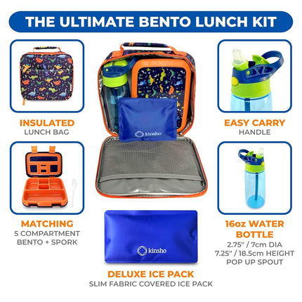 kinsho Bento Lunch Box with Insulated Bag, Water Bottle&Ice Pack Set for Kids Toddlers,5 Portion Sections, BPAFree Removable Tray, Preschool Kid Toddler Daycare Lunches, Snack Container,Blue Dinosaur