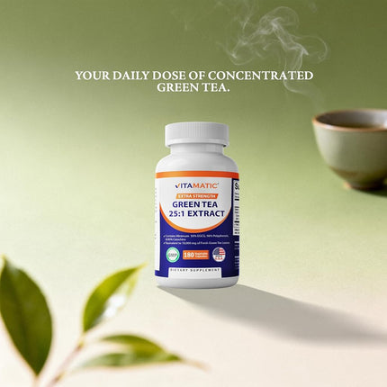 Vitamatic Green Tea Extract with Vitamin C, 25X Concentrate, 98% Polyphenols, 80% Catechins, 50% EGCG, 180 Vegetable Capsules