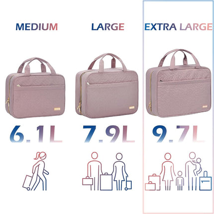 NISHEL Travel Toiletry Bag for Women, Portable Hanging Organizer for Family-Sized Shampoo, Conditioner, Brushes Set, Makeup Accessories, Extra Large Size, Peach Pink