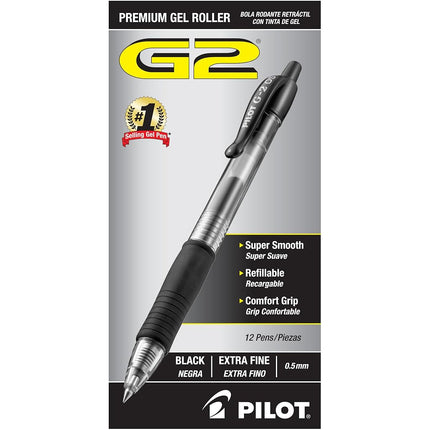 Pilot G2 Retractable Premium Gel Ink Roller Ball Pens, Extra Fine Point, Black, Box of 12 -31002