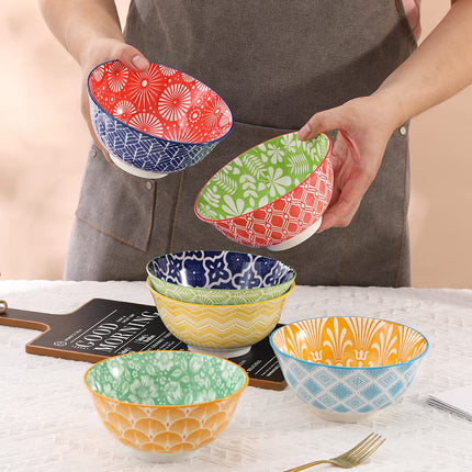 Cereal Bowl Porcelain Soup Bowls - Ceramic Bowl Set Kitchen 23 oz - 6 Inch Deep Colorful Bowls for Serving Breakfast | Oat | Oatmeal | Ramen | Pho | Noodle - Microwave and Dishwasher Safe - Set of 6