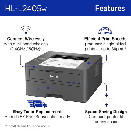 Brother HL-L2405W Compact Wireless Monochrome Laser Printer with Mobile Printing, Black and White Edition, Includes Upgrade Subscription Test (1), Amazon Dash Replenishment Ready