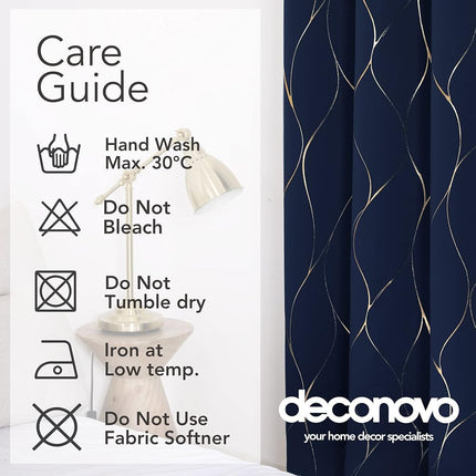 Deconovo Gold Wave Foil Print Blackout Curtains, 52W x 84L Inch, Navy Blue, 1 Pair, Grommet Light Blocking Room Darkening Curtain, Noise Reducing Window Drapes for Living Room Bedroom