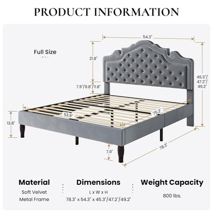 SHA CERLIN Full Size Bed Frame with Adjustable Headboard/Velvet Upholstered/Diamond Button Tufted and Metal Studs/No Box Spring Needed/Wooden Slat Support/Easy Assembly/Light Grey