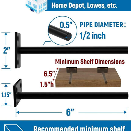 LEOPO 12 Pack-6 inch Floating Shelf Bracket, Hidden Brackets for Wood Shelf, Black