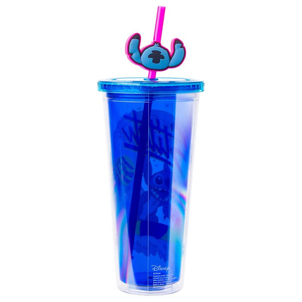 Vaso de plástico frío Silver Buffalo Disney Lilo & Stitch Cosmic Surfer con tapa y adorno para pajilla, 709 ml