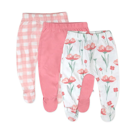 HonestBaby Baby 3-Pack Organic Cotton Footed Harem Pants, Strawberry Pink Floral, 6-9 Months (Pack of 3)
