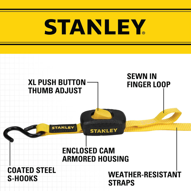 Stanley S2001 Enclosed Cambuckle Tie Down Strap – 2 Pack (1 in. x 10 ft.) 1,200 LB. Break Strength Black/Yellow