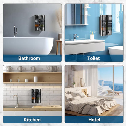Shower Soap Dispenser Shampoo and Conditioner Dispenser 2 Chamber No Drill Wall-Mounted Shampoo Dispenser for Shower Wall Mounted Shower Dispenser for Bathroom Hotel Large Capacity,Gun Gray