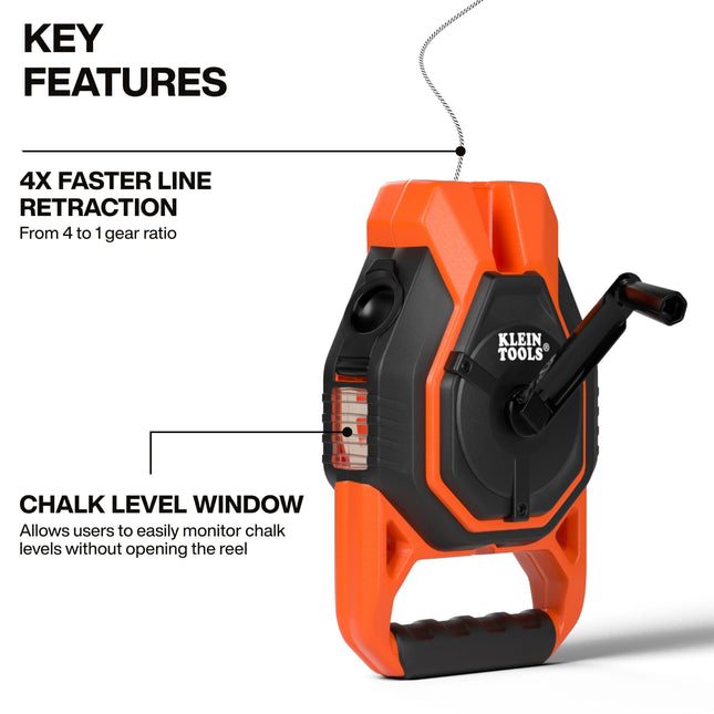 Klein Tools CHLK150 Heavy-Duty Chalk Reel, 150-Foot, 4:1 Gear Ratio, Chalk Line and Rubber Stopper Top with a Nested Ring Design
