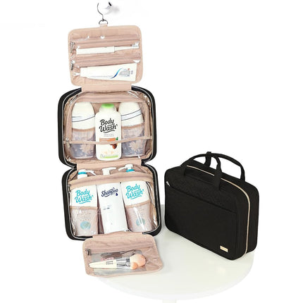 NISHEL Travel Toiletry Bag for Women, Portable Hanging Organizer for Full-Sized Shampoo, Conditioner, Brushes Set, Makeup Accessories, Large Size, Black