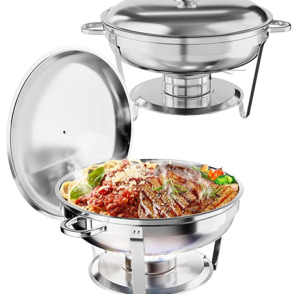 Plat de service pour buffet, service de buffet rond de 5 pintes avec support de couvercle, chafers et chauffe-plats en acier inoxydable avec cuillère et pinces pour les fêtes, les mariages (argent, lot de 2)