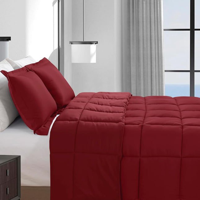 Elegant Comfort 3-Piece Box Stitched Down Alternative Comforter with Shams - Ultra Soft for All Season Duvet Insert with Corner Tabs, Plush Cozy 3PC Comforter Set, Oversize Queen, Burgundy