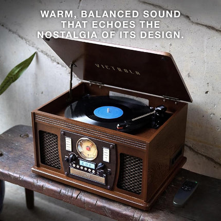 Victrola Nostalgic Aviator Wood 8-in-1 Bluetooth Turntable Entertainment Center, Espresso