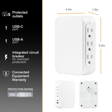 Extensor de pared de 5 tomas USB C de GE, acceso lateral, protector de sobretensión, multitoma, USB A, 3 clavijas, instalación segura, blanco, 83503