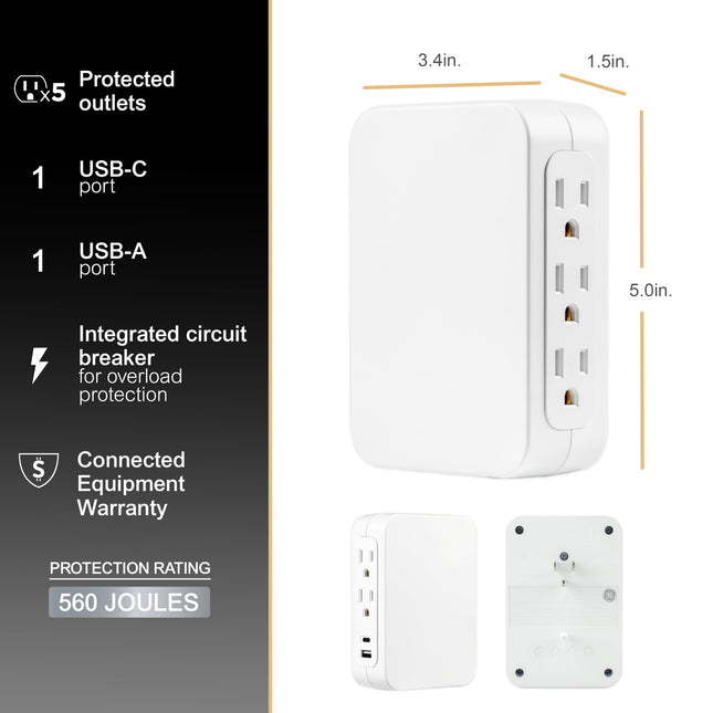 GE Multiprise parasurtenseur murale 5 prises USB-C, accès latéral, multi-fiches, USB-A, 3 broches, installation sécurisée, blanc, 83503