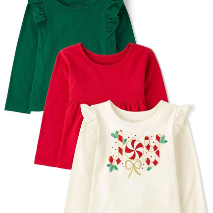 Lot de 3 t-shirts à manches longues en tricot à la mode pour filles The Children's Place, motif canne à sucre/rouge/vert, 6-9 mois