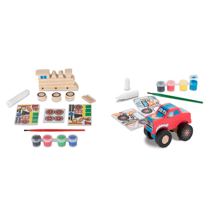 Melissa & Doug ¡Creado por mí! Kit de manualidades de madera para pintar y decorar tus propios vehículos para niños, paquete de 2: Camión monstruo, Tren