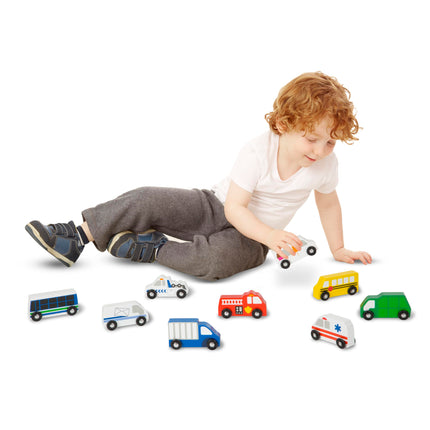 Melissa & Doug Set de vehículos de madera para la ciudad (bandeja de madera para guardar, 9 piezas)