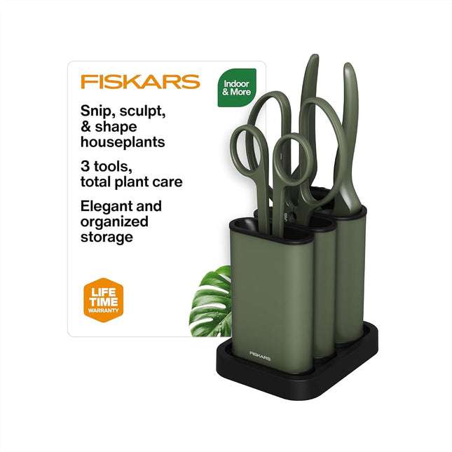 Fiskars Indoor Plant Cutting Set with Storage Precision Garden Tools Caddy, Snips, Shears and Pruner, Set of 3, Green