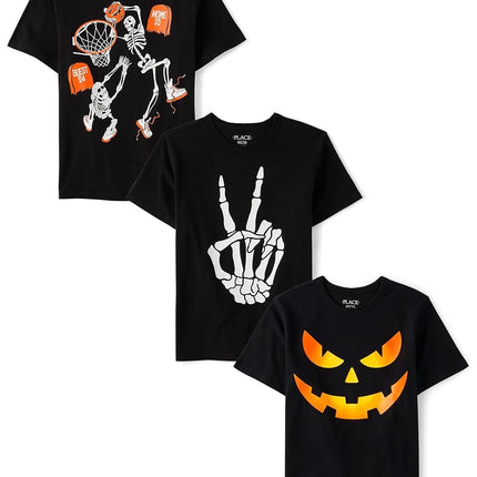 The Children's Place Camisetas gráficas de manga corta para niño de todas las fiestas, multipacks, Paz/Baloncesto Esqueleto/Calabaza Paquete de 3, Extrachico