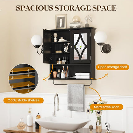 May in Color Vanity Wall Mounted Storage Cabinet, Bathroom Medicine Cabinet with Mirror with Adjustable Shelves and Towel Bar, Hanging Wall Cabinet for Bathroom, Laundry, Living Room, Black