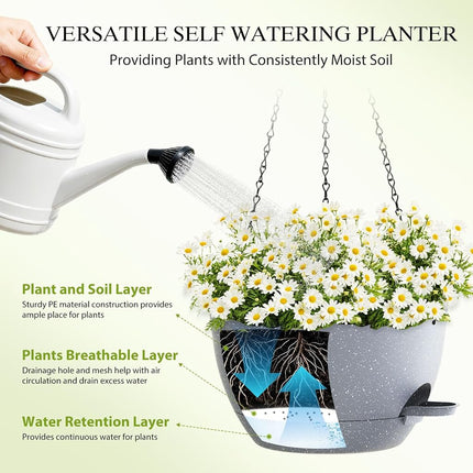 SQKH 12 Inch Hanging Baskets 2 PC with Chains, Self-Watering Hanging Planters for Indoor Outdoor Plants, Plastic Hanging Flower Pots,Speckled Grey