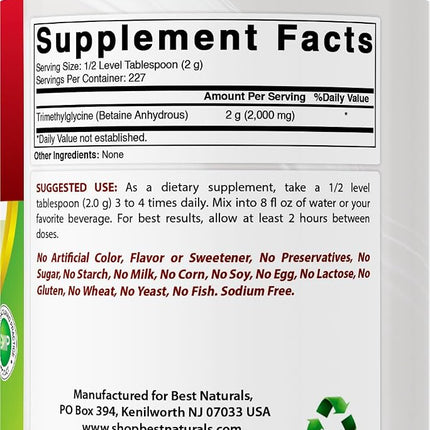 Best Naturals Betaine Anhydrous Trimethylglycine (TMG) Pure Powder 1 Pound (1 LB (Pack of 3))