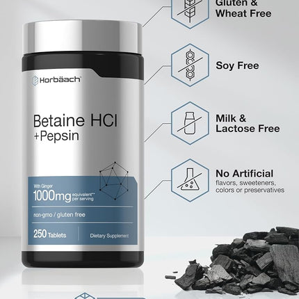 Horbäach Betaine HCl with Pepsin | 250 Tablets | Hydrochloride Supplement