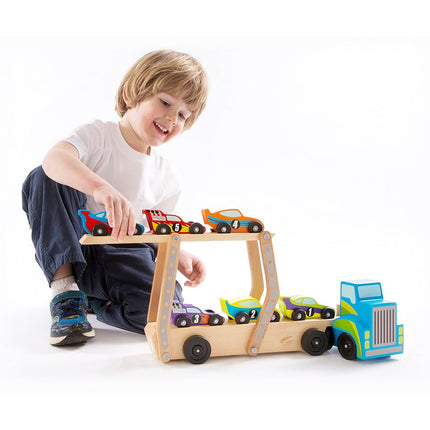 Melissa & Doug Mega Race-Car Carrier | Wooden Vehicles & Trains | Trucks & Vehicles | 7+ | Gift for Boy or Girl