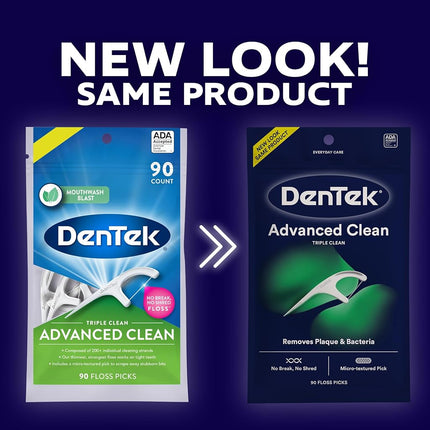 DenTek Triple Clean Advanced Clean Floss Picks, No Break & No Shred Floss, 90 Count, White