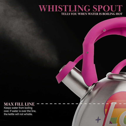 Paris Hilton Whistling Stovetop Tea Kettle, Stainless Steel with Rainbow Love Color Changing Heat Indicator Design, Soft Touch Handle, 2.5-Quart, Love Rainbow