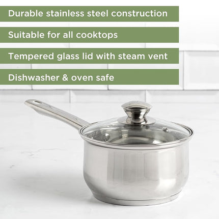 Ecolution Pure Intentions Saucepan – Features Tempered Glass Lid, Stay-Cool Knob and Handle, and Encapsulated Bottom – Oven Safe – Curbside Recyclable Stainless Steel – 2 Quarts
