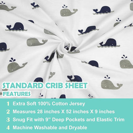 American Baby Company Printed 100% Cotton Jersey Knit Fitted Crib Sheet for Standard Crib & Toddler Mattresses, Navy Whale, for Boys & Girls