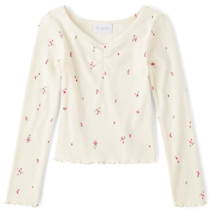 The Children's Place Girls' Basic Long Sleeve V-Neck Knit Shirts, White Daisy, X-Small